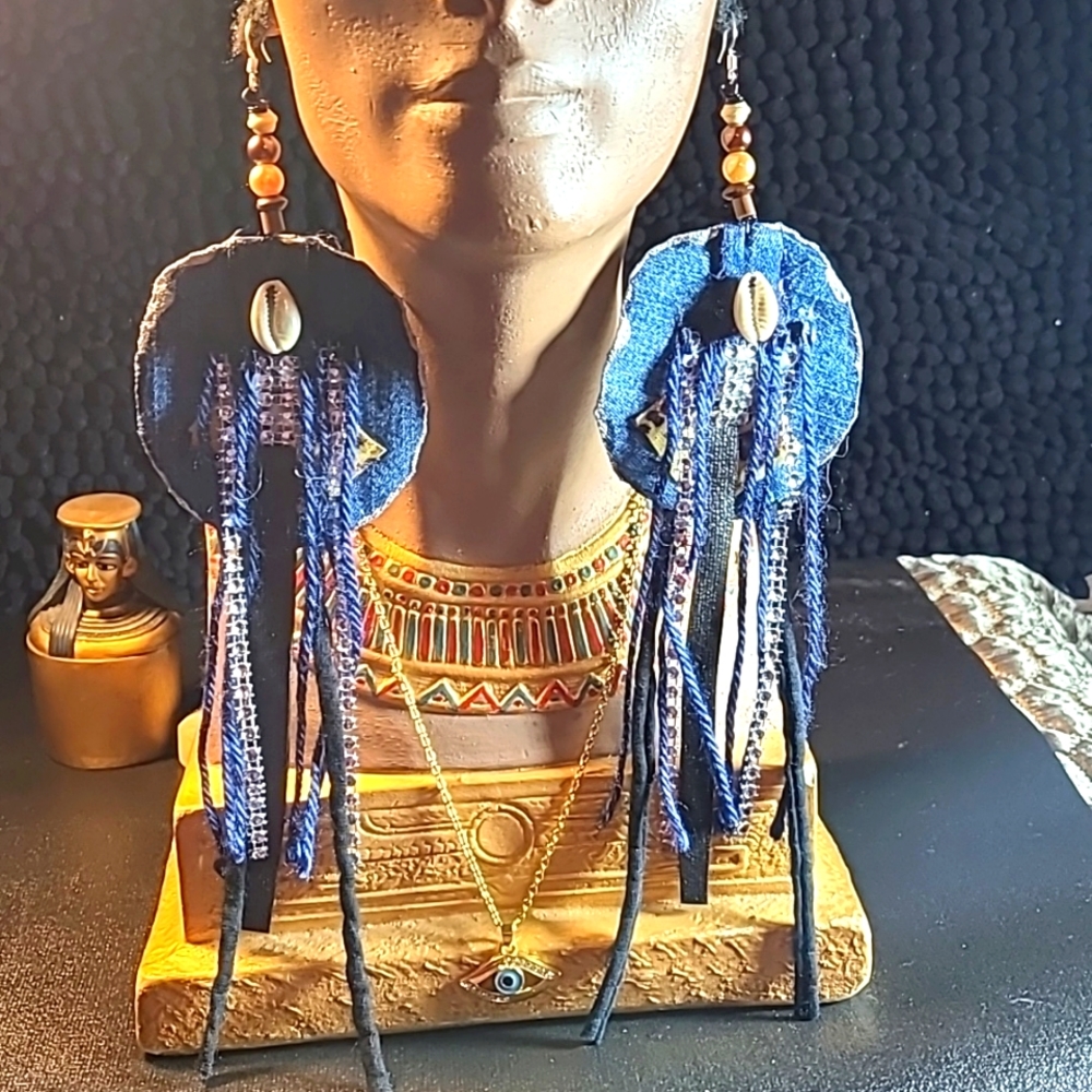 6 inches denim fabric fringes earrings